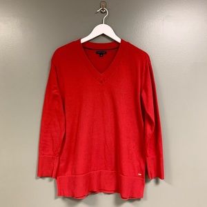 Tommy Hilfiger Classic Red V-neck Midweight Sweater Relaxed Tunic Long Sleeves L